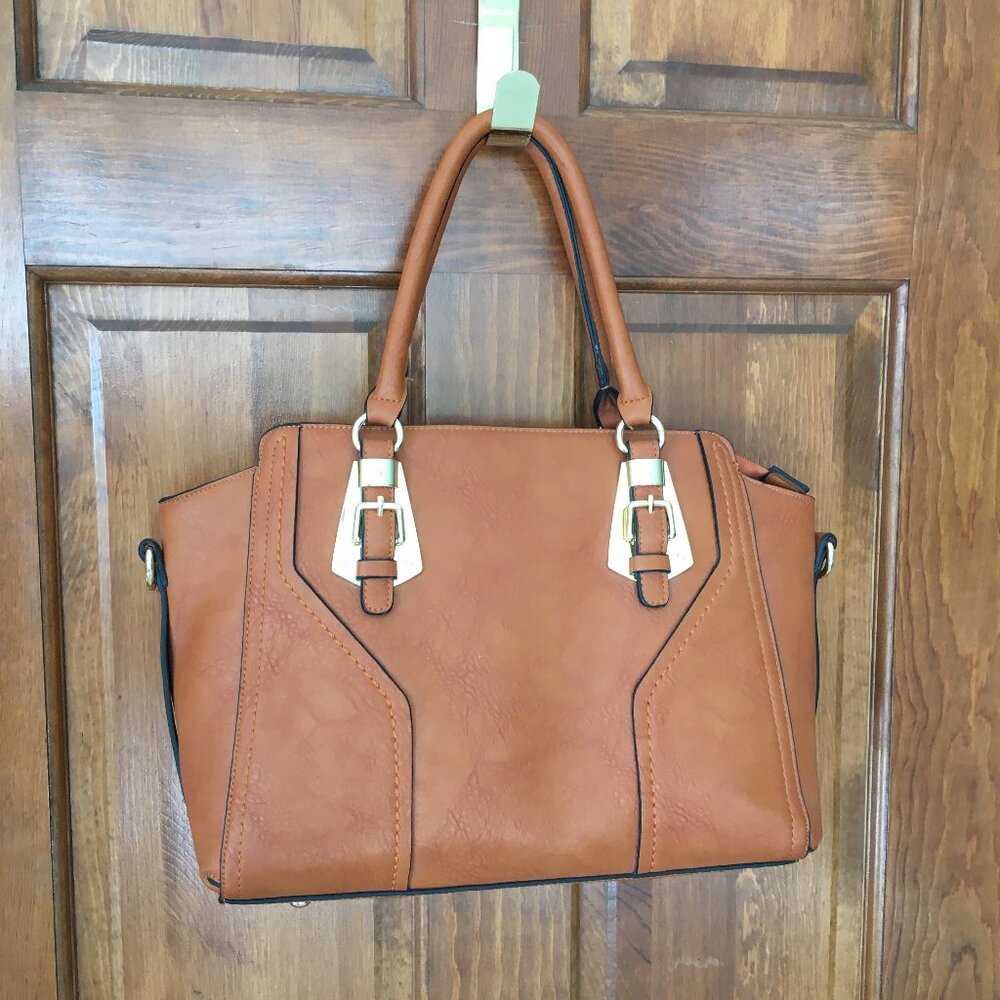 Luxurious Brown Handbag Goldtone Metal Trim Unbranded